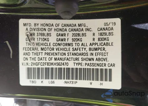 2019 Honda Civic Sport z USA, uszkodzony, nr VIN 2HGFC2F83KH562470